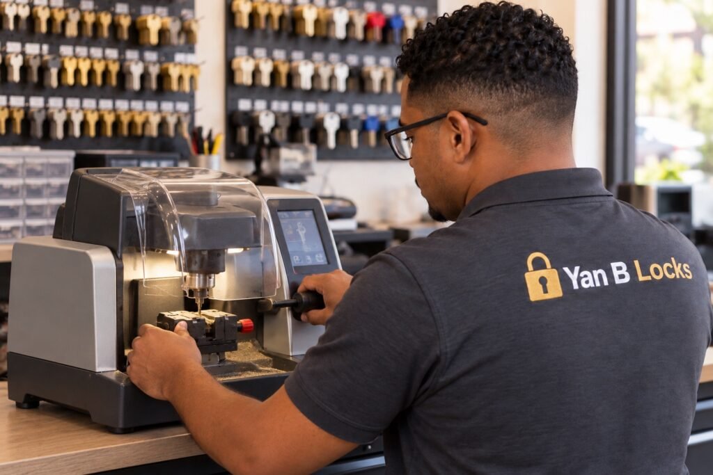 Técnico de Yan B Locks utilizando una máquina de copia de llaves.
