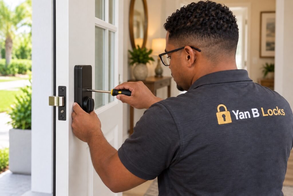 Instalación de una cerradura en una puerta residencial.