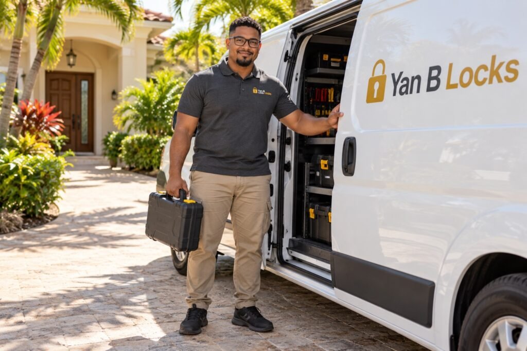 Técnico de Yan B Locks junto a una furgoneta de servicio.